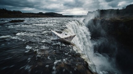 Fototapeta premium Paper boat perched at the waterfall edge with a handwritten due date as a deadline metaphor for dramatic poster or editorial background