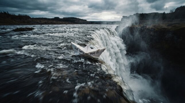 Paper boat perched at the waterfall edge with a handwritten due date as a deadline metaphor for dramatic poster or editorial background