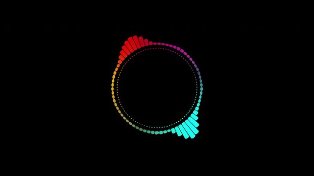 A beautiful circular interface, speech bubbles, music, sound spectrum, equalizer, 4K video, and animated sound waveforms on a black and white background.
