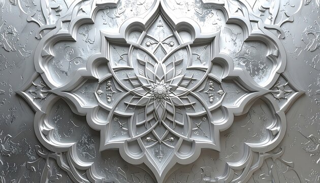 Close-up view of a metallic, decorative wall panel with a central symmetrical floral design. The intricate pattern features a raised relief