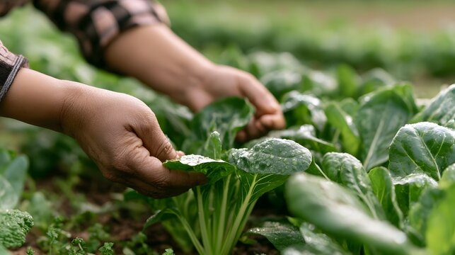Hands gently harvest fresh green leafy vegetables from a dew covered garden bed under natural light