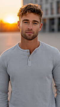 Young man wearing a casual henley shirt photorealistic menswear
