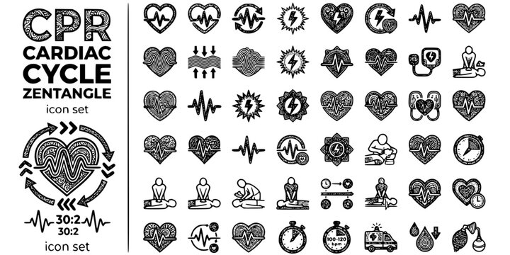 CPR Cardiac Cycle Zentangle Black White-Compression Wave Defib Burst Rhythm-Resus Art Vector-CPR Icon Zentangle-CPR Design Set