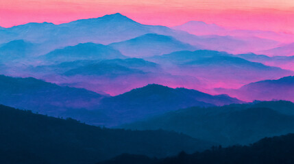 Fototapeta premium An artistic painting depicts layers of mountain ridges.