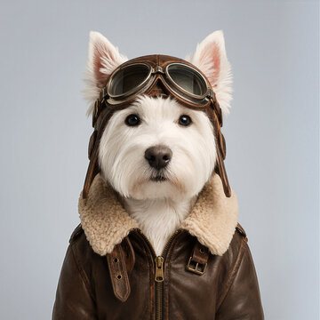 West Highland White Terrier wearing aviator goggles, pilot cap and leather jacket. Cute dog portrait, aviation costume, pet fashion and animal humor concept