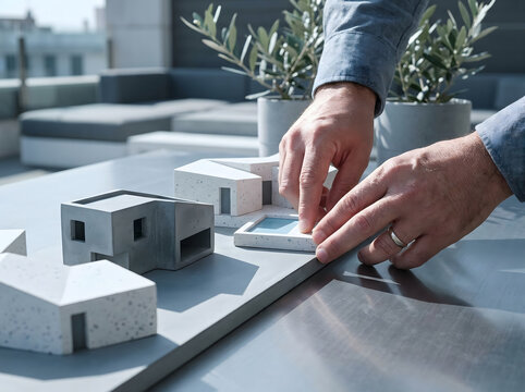 Manos de un arquitecto trabajando con una maqueta detallada de casas modernas y piscina en una mesa de dise&ntilde;o