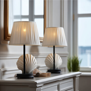 Coastal lamp shell base white shade modern decor bedroom ocean view elegant serene natural light reflection