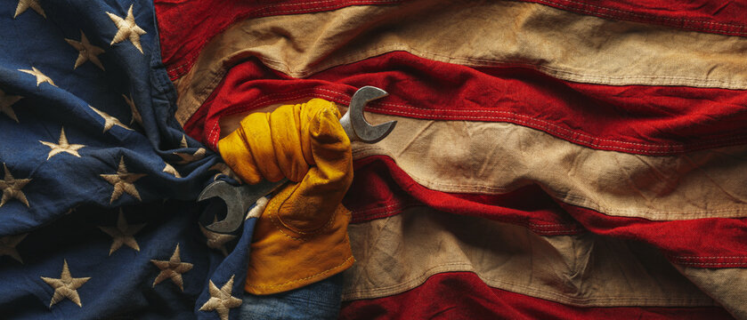 Worn work glove with wrench and the American flag. Symbolic of blue collar workers, USA manufacturing, pride in products Made in United States of America, or celebrate Father's day or US Labor Day.