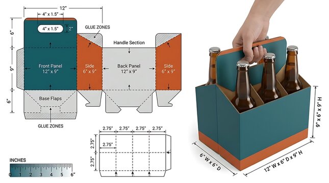 Detailed blueprint of a six pack beer cardboard box holder with measurements