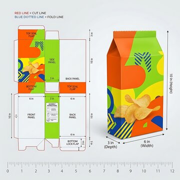 Detailed diagram of colorful snack food packaging template with measurements