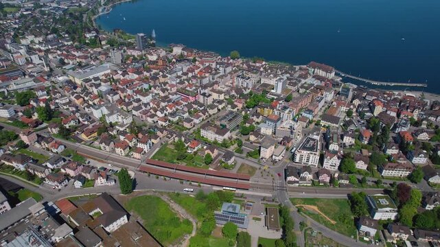 Aerial panoramic view above the downtown beside the city Rorschach in Switzerland on a sunny summer noon. 