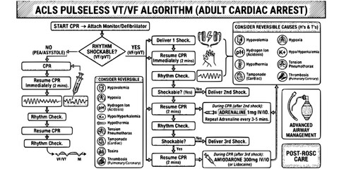 ACLS Algorithm Crosshatch Black White-VT Pathway Adrenaline Reversible Cause-Advanced Life Support Vector-ACLS Icon Crosshatch-CPR Design Set © T-Shop