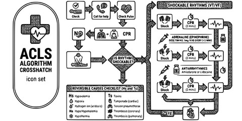 ACLS Algorithm Crosshatch Black White-VT Pathway Adrenaline Reversible Cause-Advanced Life Support Vector-ACLS Icon Crosshatch-CPR Design Set © T-Shop