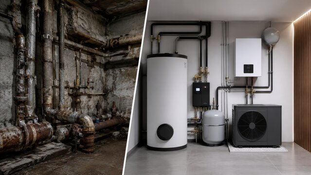 Exposed old heating pipes and compact hybrid heating system