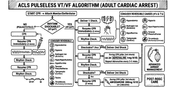 ACLS Algorithm Crosshatch Black White-VT Pathway Adrenaline Reversible Cause-Advanced Life Support Vector-ACLS Icon Crosshatch-CPR Design Set