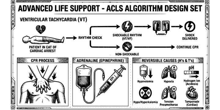 ACLS Algorithm Crosshatch Black White-VT Pathway Adrenaline Reversible Cause-Advanced Life Support Vector-ACLS Icon Crosshatch-CPR Design Set