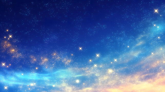 ディープブルーの美しい夜空に無数のきらめく星々や天の川を配し、下部に暖かな夕暮れの残光をあしらった、ドリーミーで幻想的なアニメ風の星空・抽象横型背景素材