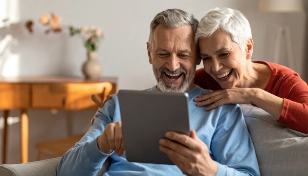 Smiling senior couple looks at tablet together, embracing on a couch in a bright room