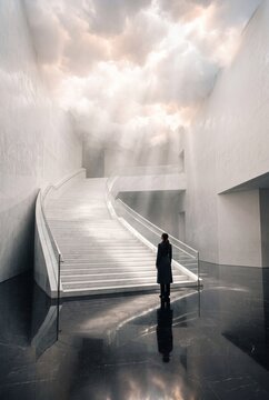 Surreal scene of a woman standing at the foot of a grand white marble staircase leading into ethereal clouds and divine light rays