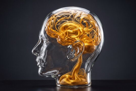 Conceptual glass human head profile with a swirling golden liquid brain symbolizing intelligence and creativity