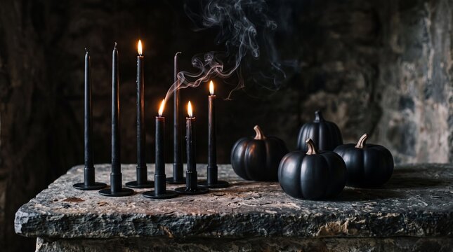 Gothic Halloween still life with black candles and matte pumpkins on stone surface