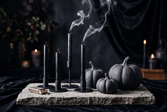 Gothic Halloween still life with smoking black candles and matte black pumpkins on a stone slab