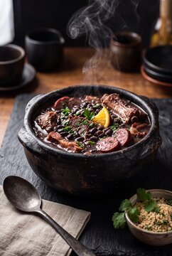 Traditional Brazilian feijoada stew with black beans and pork in a steaming clay pot