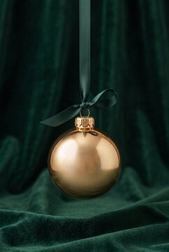 Elegant golden Christmas ball ornament hanging with a green ribbon bow against a dark green velvet background