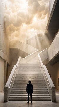 Silhouette of a businessman standing before a grand marble staircase leading to ethereal clouds and divine light rays