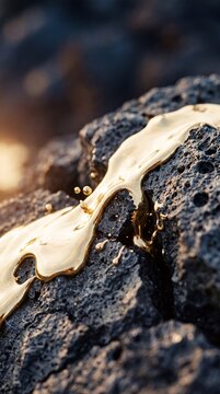 Molten liquid gold flowing over dark textured volcanic rock surface with warm sunlight highlights