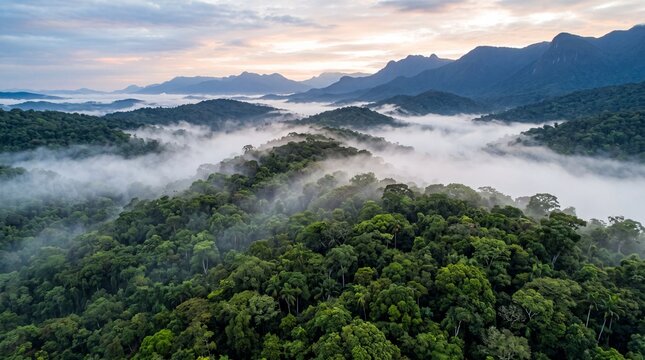 Aerial view of a lush tropical rainforest canopy with white mist flowing through valleys against a mountain backdrop at dawn