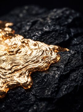 Close-up of liquid molten gold flowing over a rough black stone or coal surface