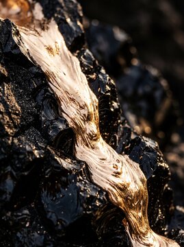 Molten gold liquid flowing over dark volcanic rock with metallic texture