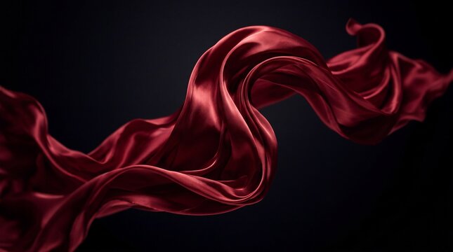 Abstract flowing red satin fabric with elegant waves and ripples isolated on a dark black background