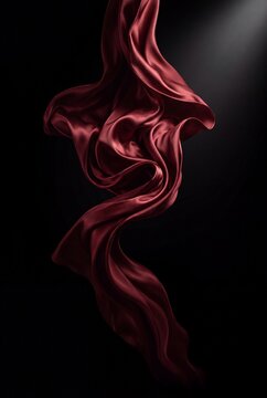 Elegant red satin fabric flowing gracefully in the air against a dark black background with dramatic lighting
