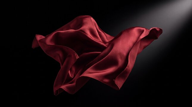 Elegant red silk fabric floating in motion against a black background with dramatic lighting