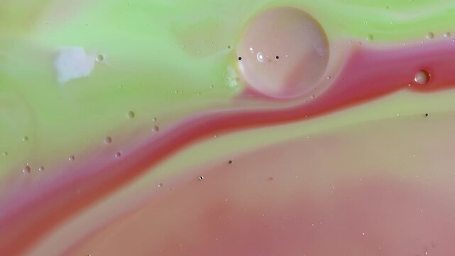 Abstract Fluid Art Macro - Swirling Lime Green and Pastel Coral Waves with Glitter Bubbles