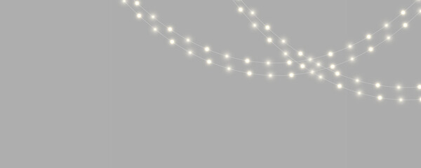 Fototapeta premium Golden LED Christmas lights PNG with bright illumination and elegant details. Perfect decorative element for New Year celebration graphics.