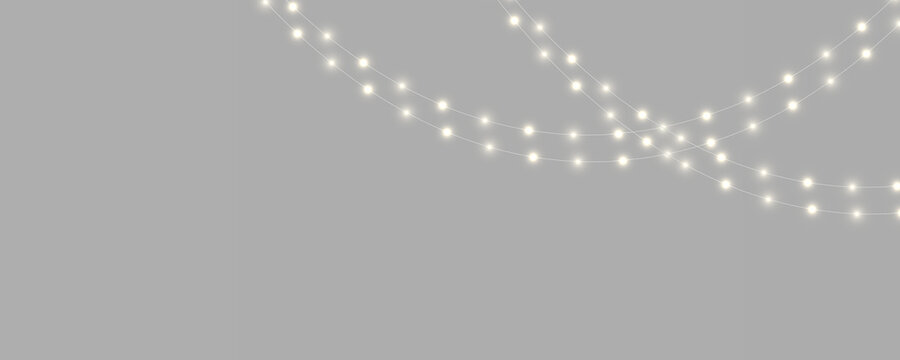 Golden LED Christmas lights PNG with bright illumination and elegant details. Perfect decorative element for New Year celebration graphics.