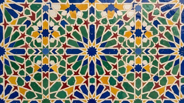 Intricate zellige tile mosaic featuring traditional geometric patterns and vibrant colors.