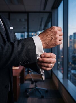 Businessman adjusting silver cufflinks in a modern high-rise office with city view