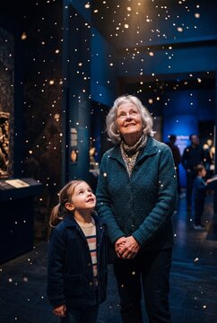 Grandmother and granddaughter looking up with wonder at glowing particles in a museum