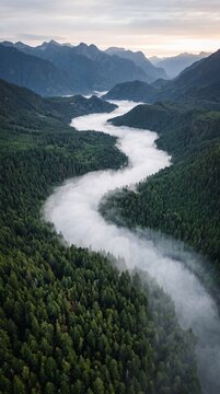 Aerial view of a winding river of fog flowing through a dense evergreen forest valley with mountains in the background