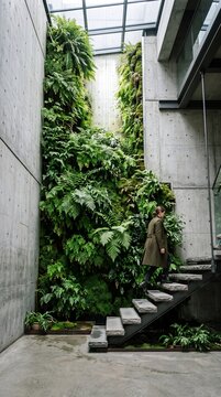 Modern interior with a lush vertical garden and a woman ascending stone stairs in a minimalist concrete building