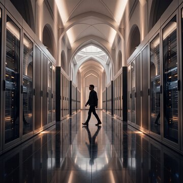 Man walking through a futuristic data center with gothic-style arched ceilings and symmetrical server racks
