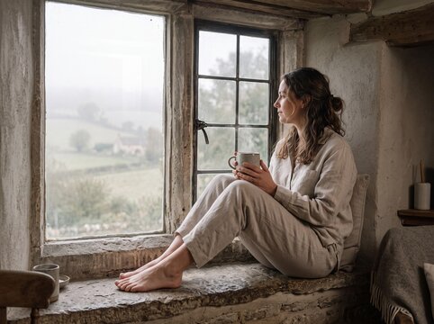 Young woman in cozy loungewear sitting on a rustic stone windowsill with a steaming mug, looking out at a foggy morning landscape