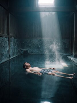 Man floating peacefully in a traditional indoor hot spring with dramatic sunlight