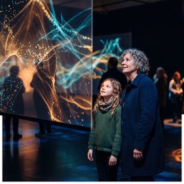 Grandmother and young girl admiring an immersive digital art installation in a modern museum gallery