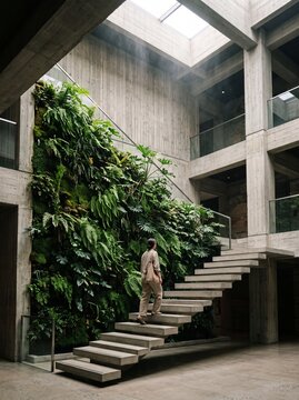 Woman walking up concrete stairs next to a lush vertical garden in a modern minimalist building