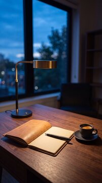 Cozy Workspace at Night with Leather Notebook, Pen, Coffee, and Desk Lamp by Window